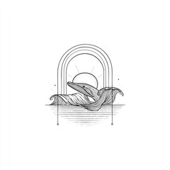 Artistic line drawing of a breaching whale amid waves, framed by arches, with a rising sun