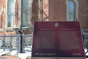 Obraz premium plaque with inscription outside George Brown House, 186 Beverley (at Baldwin), designed by William Irving and Edward Hutchings, 1874-1876, Second Empire Style, Toronto