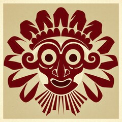 Stylized, intricate red tribal mask with floral-like adornments, central face features