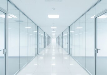 Modern bright office hallway with glass walls and doors, leading to infinity