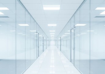 Modern glass hallway with doors and ceiling lights, creating a sense of depth and spaciousness