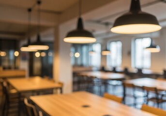 Modern coworking space with pendant lights and wooden tables, creating a warm and inviting atmosphere