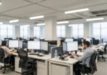 Modern open-plan office interior with employees working on computers at desks