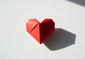 Single red origami heart casting a shadow on a bright white background