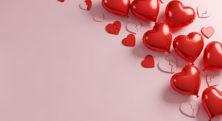 Red heart balloons and paper hearts scattered on a pink background for a romantic celebration or Valentine's Day