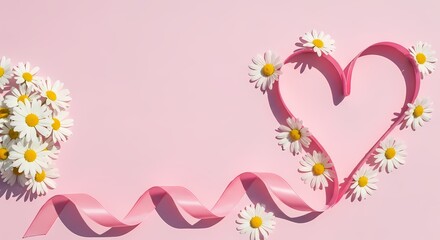 A pink heart made of ribbon with daisies on a pink background with a bouquet of flowers
