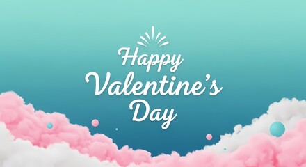 A Happy Valentine's Day greeting card with a pastel blue background and fluffy pink clouds
