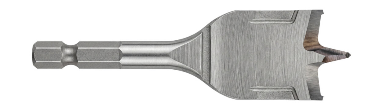 Flat spade bit with a hex shank and wide paddle design.