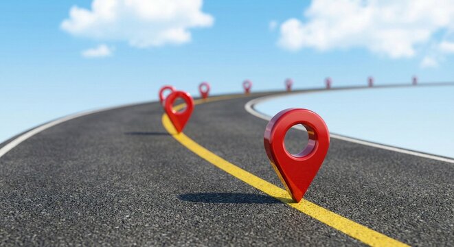 Red glossy location pins along a winding asphalt highway with yellow road markings