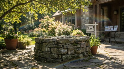 Charming stone well feature in a sun-dappled garden with a 'For Sale' sign outside a house