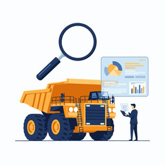 Man analyzing data on a large mining dump truck with magnifying glass. © islah