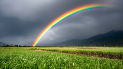 Vibrant rainbow spanning across cloudy sky over lush green field