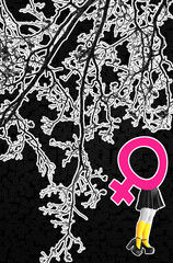 A surreal feminist collage featuring a female figure, a Venus symbol, and tree branches against a black background