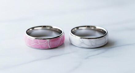 Naklejka premium Two stylish rings, pink and white, with crackled surface, sit on a marble surface