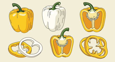 Fototapeta premium Vibrant Bell Peppers - A Detailed Illustration of Whole and Sliced Vegetables.