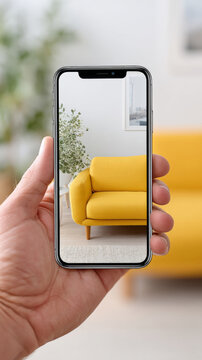 Augmented reality furniture try-on feature on smartphone screen