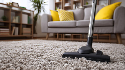 
Person vacuuming shag rug at home, cleaning routine concept, household hygiene, modern living space, domestic work illustration.