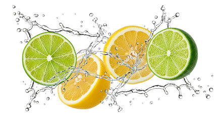 Fototapeta premium Citrus fruits lemon lime splashing water transparency background
