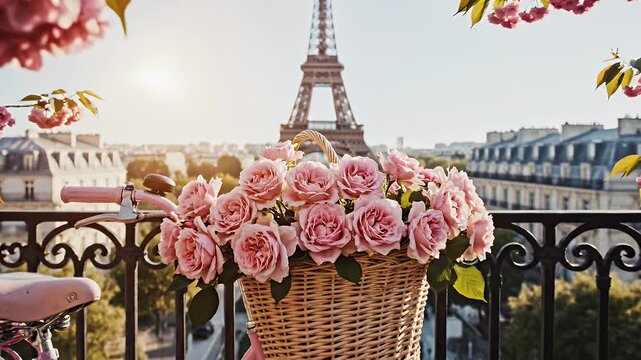 A Romantic Paris Balcony Scene with Pink Bicycle, Basket of Roses, and the Eiffel Tower in the Distance