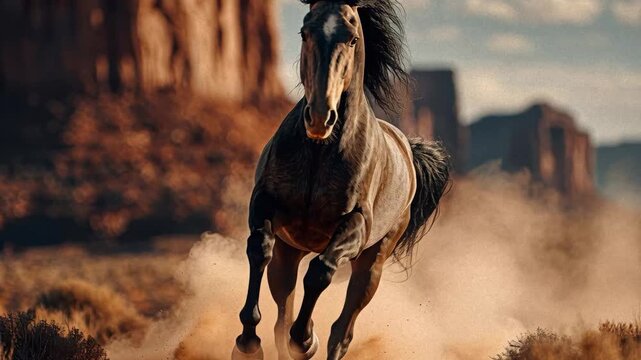 Brown horse galloping across a desert, blending with earthy terrain, rugged mountains in background, early morning or late afternoon light - AI-Generated