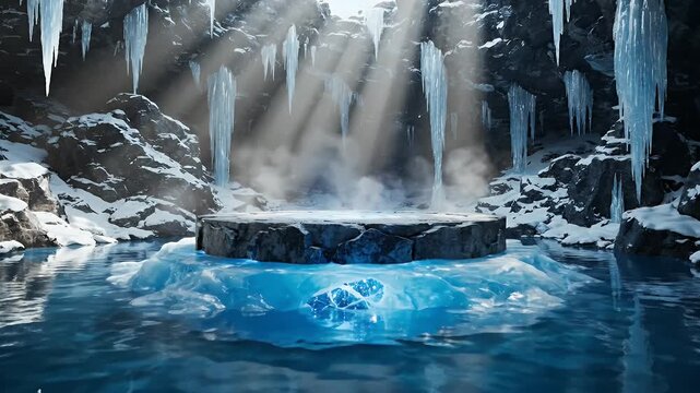 A Silent Ice Cavern Shrine Surrounded by Icicles and a Glowing Blue Pool