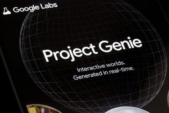 Project Genie by Google Labs displayed on smartphone screen, interactive worlds generated in real time with wireframe globe interface in close-up. Stafford, United Kingdom, February 1, 2026,