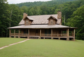 Double-pen log house in Tennessee, two stone chimneys, large front porch, appalachian foothills