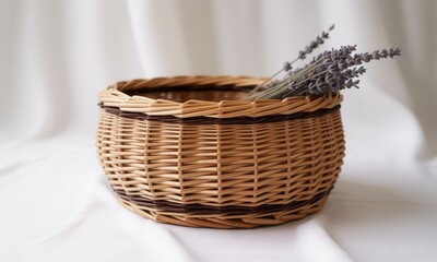Obraz premium A handwoven wicker basket with sprigs of dried lavender against a white fabric backdrop