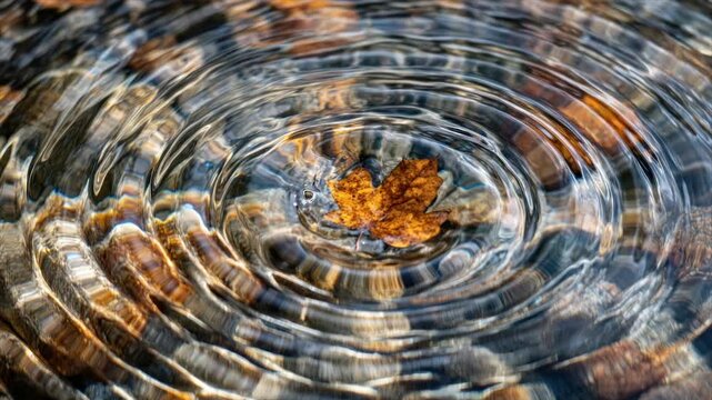 A fallen leaf floats in water, creating concentric ripples over a bed of submerged stones