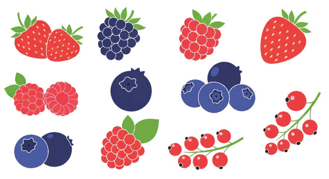 Colorful berry collection featuring strawberries blueberries raspberries and currants for healthy lifestyle concepts