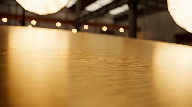 A warm-toned studio photography setup featuring a smooth wooden table and a large softbox light
