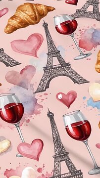 A Whimsical Paris Romance Pattern Featuring Croissants, Eiffel Tower Silhouettes, Wine Glasses, and Hearts