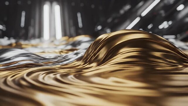 Abstract Close-Up of Metallic Gold and Silver Waves on a Reflective Surface with Dynamic Lighting