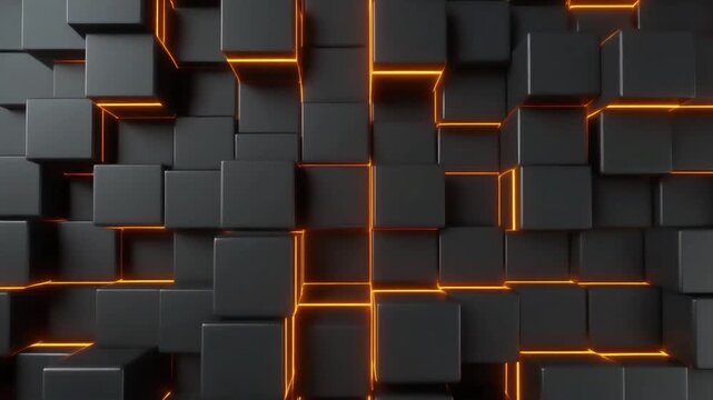 Close-up of a wall composed of black cubes with orange glowing lines between them, against a white background with a shallow depth of field and modern geometric design.
