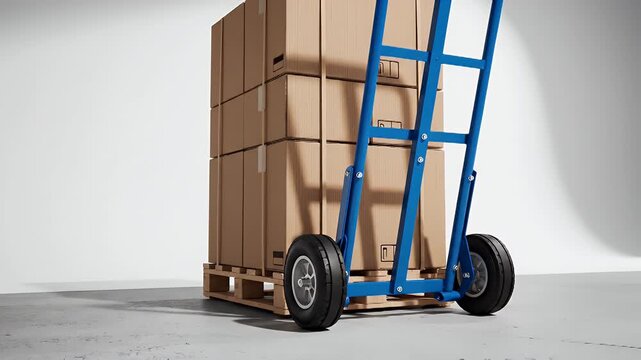 Blue Hand Truck Carrying Stacked Brown Cardboard Boxes in an Empty Warehouse