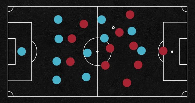 A beautiful animation of football or soccer tactics concept over black board and a red and blue teams