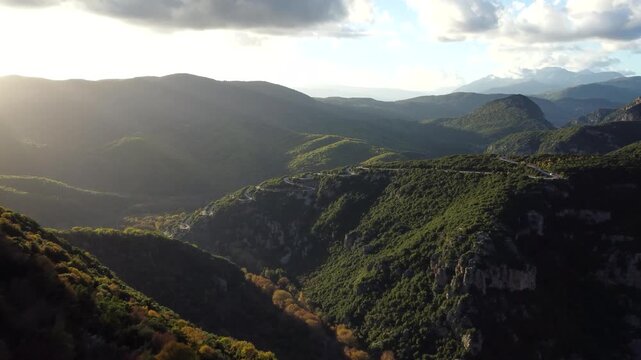 Winding Road Vikos 4K Sunset. Traveling. Epirus. Pindus Mountains. Greece