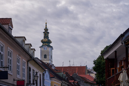 Tkalčićeva Street with Crkva sv. Marije Tower in Zagreb Croatia - Famous Street Lined with Bars and Restaurants
