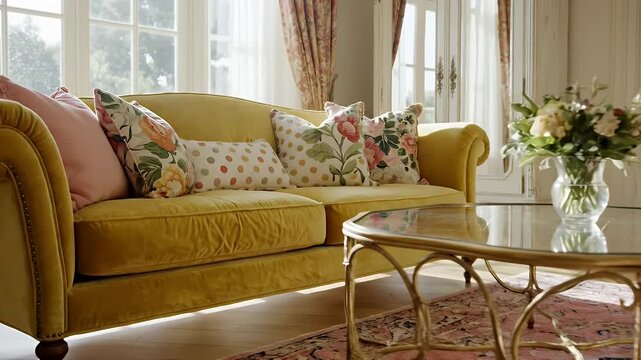 Bright Sunlit Vintage Living Room Scene Featuring Yellow Settee and Floral Accents