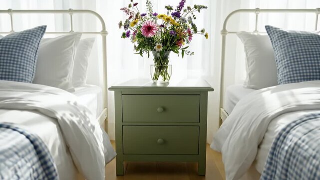 Bright Symmetrical Twin Bedroom Featuring Metal Bed Frames, Between Nightstand And Sunlit Window