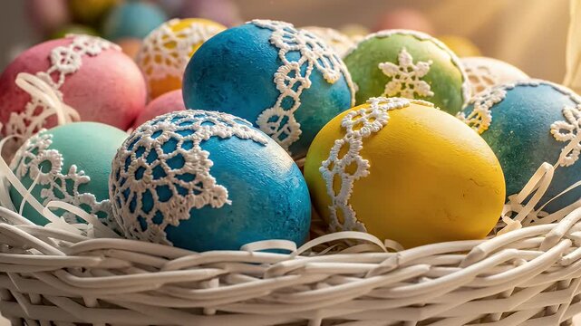 Brightly colored Easter eggs delicately wrapped in white lace inside a wicker basket
