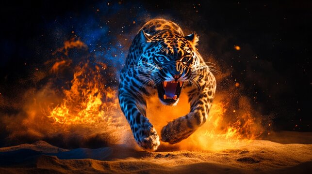 A fierce leopard charges forward through a dramatic blend of fire and smoke, its powerful form captured in a dynamic and intense moment.