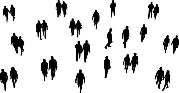 CAD Drawings. Top view of silhouette people holding shopping bags, walking or standing isolated on white background. Vector illustration.