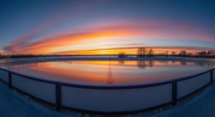 Fototapeta premium Empty outdoor ice rink reflecting vibrant sunset sky. Winter recreation, sports, and holiday concept for picturesque open-air skating.