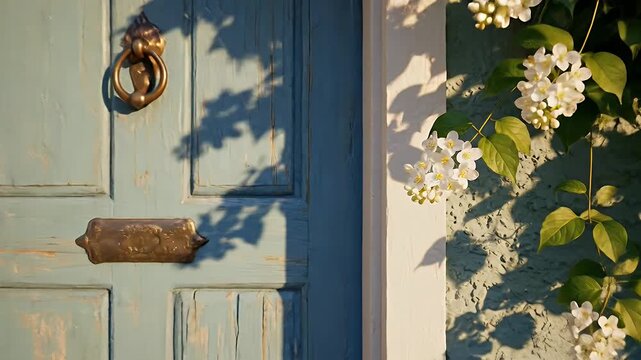 Charming pastel cottage entryway framed by flowering ivy and archway