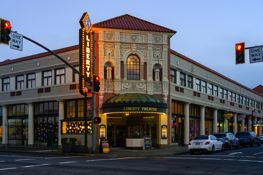 Astoria, OR, USA - January 13, 2026; Historic Liberty Theatre illuminated at night in downtown Astoria Oregon