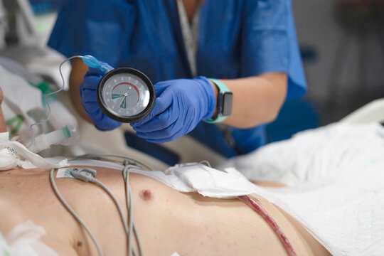 Nurse checking patient vital signs in hospital intensive care unit
