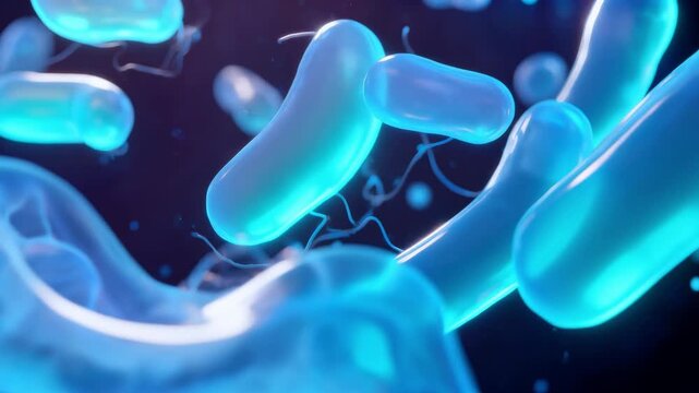 Microscopic 3D view of glowing beneficial probiotics and healthy gut bacteria floating in a teal medical environment, representing microbiology and digestive wellness