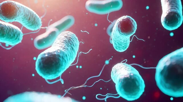 Microscopic 3D animation of beneficial probiotics and healthy gut bacteria moving in a fluid environment, representing medical science, microbiology and digestive health