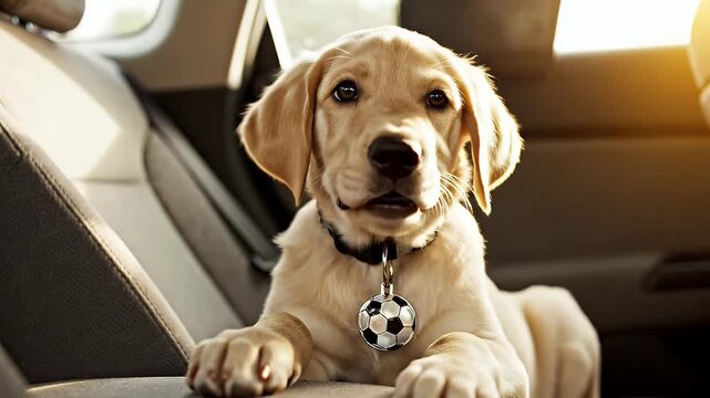 Cheerful light-colored puppy resting its paw on a tiny soccer ball inside a sunlit car